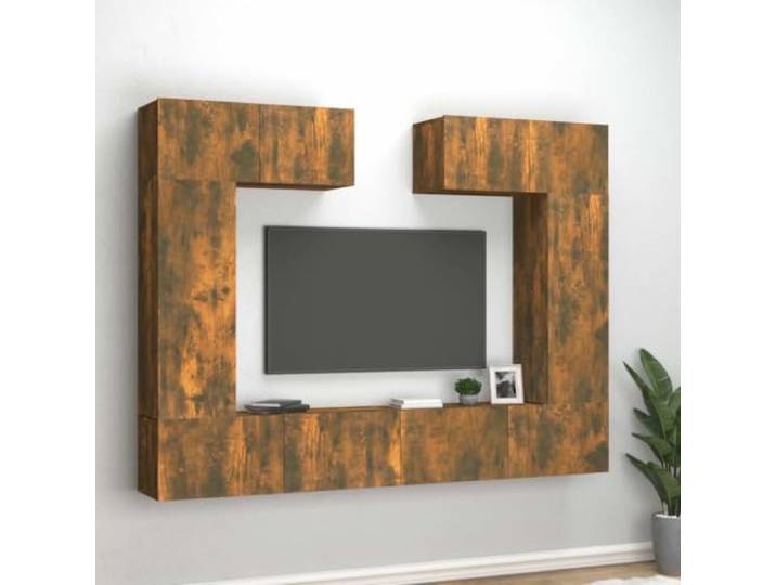 HEFZGDB 6-TLG. TV-Schrank-Set Räuchereiche Holzwerkstoff mit Wandmontage und reichlich Stauraum für Wohnzimmer