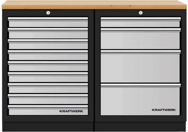 Mobilier d'atelier Mobilio 2 éléments Kraftwerk, contreplaqué hêtre, 4 et 9 tiroirs (3964K-940)