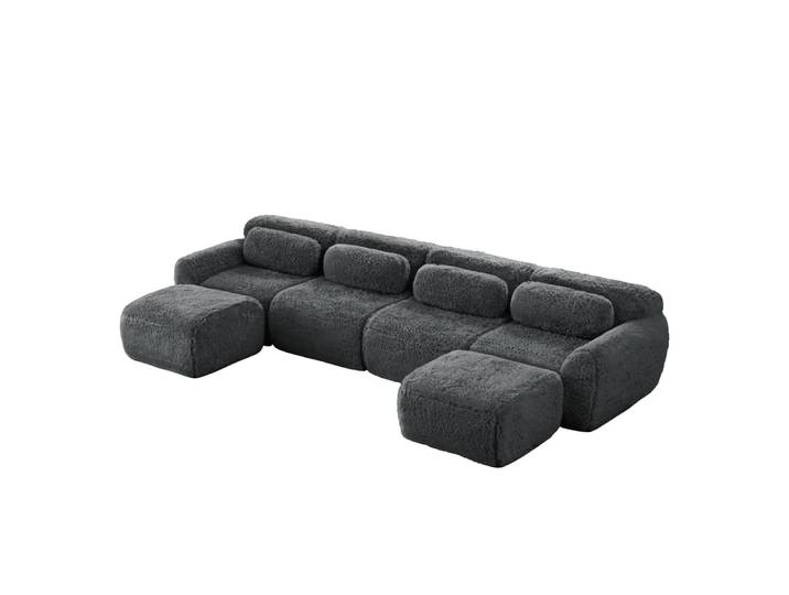 Canapé modulable en u 4 places, sans montage, tissu fausse fourrure