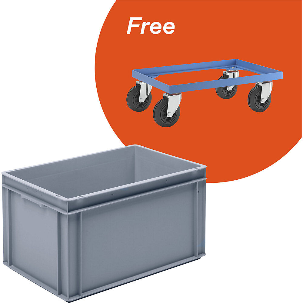 kaiserkraft Deal: 4 Behälter mit Fahrgestell, Behältervolumen 60 l, Fahrgestell 610 x 410 mm
