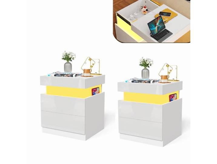 Chleby Lot de 2 Tables de chevet LED Avec prises de charge Meuble de chambre Blanc Table de nuit avec 2 Tiroirs 45x40x52 cm