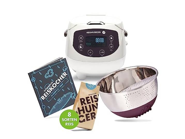 REISHUNGER Digitaler Reiskocher klein - 0,6 L - Starterset - Weiß Für bis zu 3 Personen - 11-teiliges Starterset inkl. Reiswaschschüssel, Kochbuch & 8 Sorten Reis