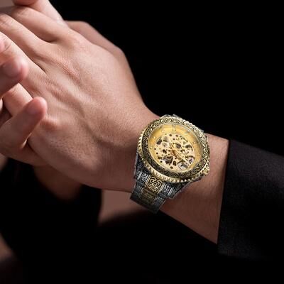 Drop Dash Deals Gold Tone Skeleton Luxury Men's Stainless Steel Automatic Mechanical Wrist Watch Gold Tone Skeleton Luxury Men's Stainless Steel Automatic Mechanical Wrist Watch