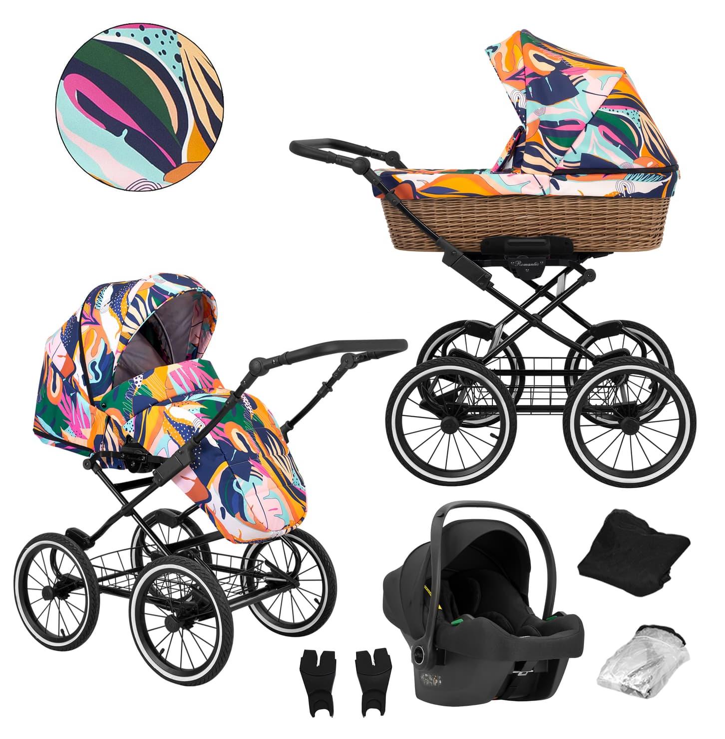 Kinderwagen Kunert Romantic Classic 3in1 - Babywanne aus Naturweide, Sportsitz, Autositz Cosmo - schwarzes Gestell - Farbe: ROM-01