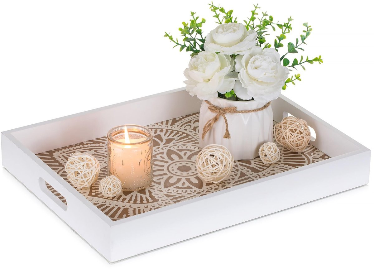 Dailygoody Decoratief dienblad met witte bloemen in rustieke boho stijl