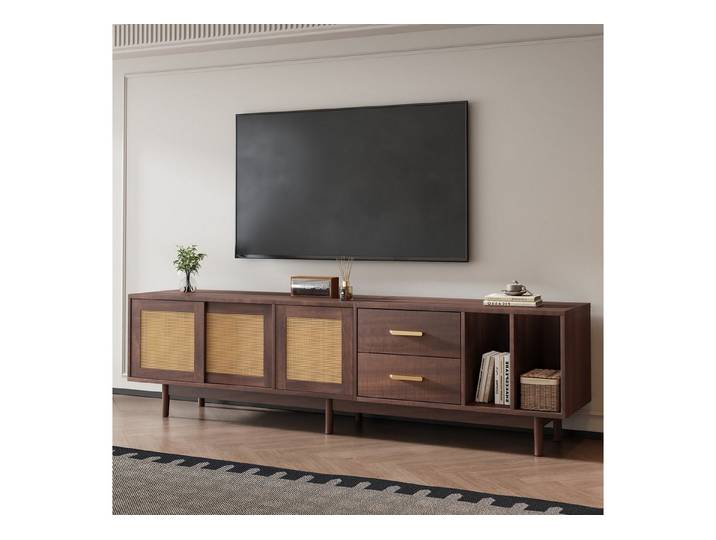 Merax Lowboard Rattan Fernsehtisch (1 St), TV-Schrank mit Rattan-Schiebetüren,Schubladen & 6 Holzbeinen,B:190cm