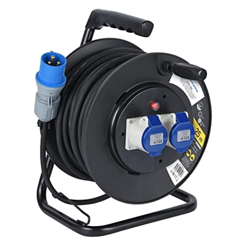 Electraline Verlängerungskabel mit Haspel, 25 m, 2 Industriesteckdosen, CEE-Stecker, IP44, für Camping und Boot (25 m, 2.50 mm²) (49049)