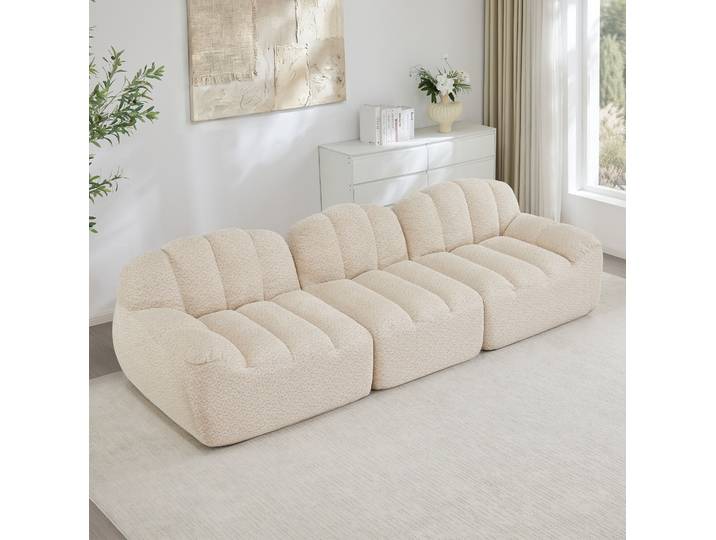 Floragrace Canapé Modulable 3 Places\, Tissu Polaire Granulée\, Ottoman Attenant\, Beige Blanc