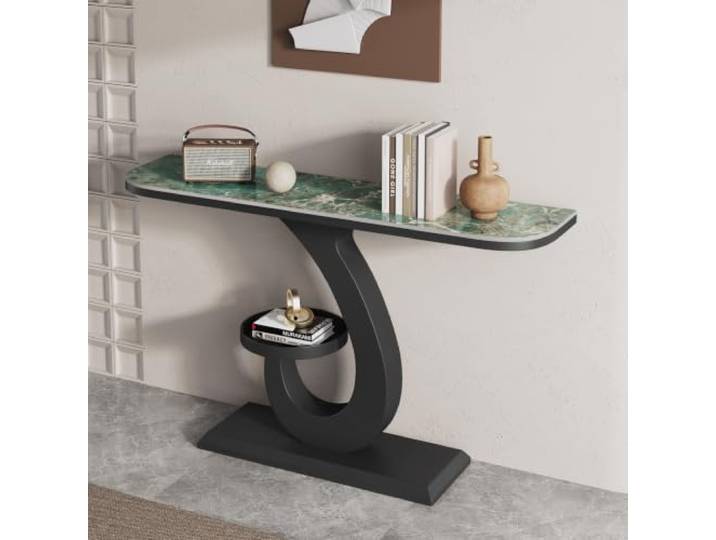 Moderner Konsolentisch mit Sinterstein-Platte & Metallgestell, Flurtisch Sinterstein-Platte, Kratzfest, Stabiler Metallrahmen, Modernes Design, Schmales Profil(Black-C,31.5in)