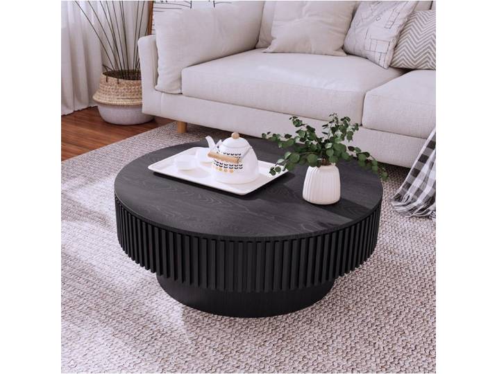 ULEVR Table basse ronde noire 75 cm avec rangement MDF et placage bois style moderne