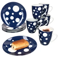 Pula blau 12tlg Frühstücksset Porzellan Kuchenteller Kaffeebecher Punkte