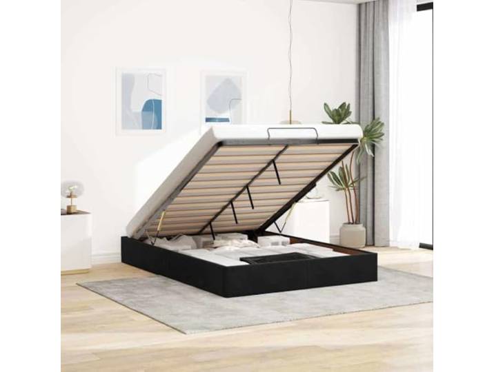 KFPOERTFGD Ottoman-Bett 140x200 cm Schwarz, Samt Polsterbett mit Stauraum, Hydraulik-Hebemechanismus, Lattenrost inklusiv, ohne Matratze