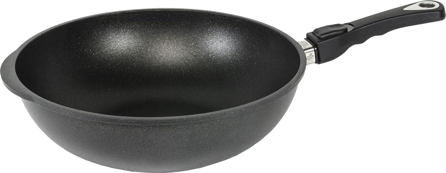 Professionele non-stick gietijzeren wokpan met afneembaar handvat, zwart, Diameter: 32 cm