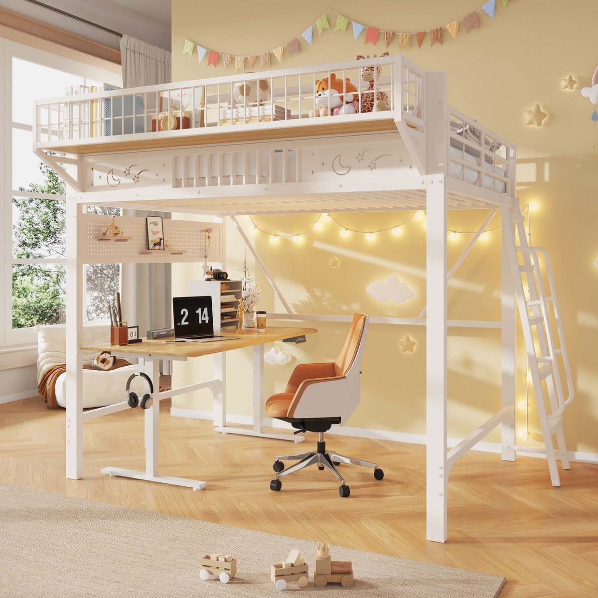 Wit metalen kinderhoogbed met opbergkasten en open onderste verdieping, B/D: 140 x 200 cm
