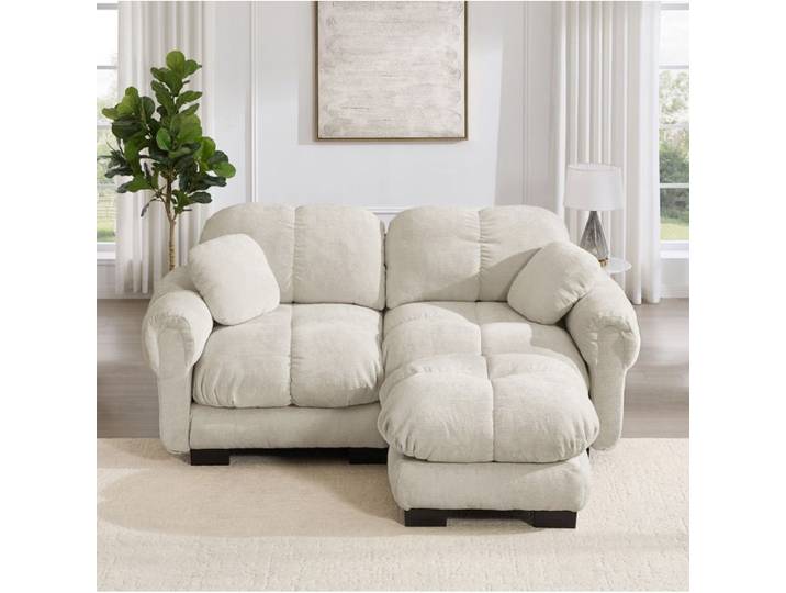 Modenuit Canape modulaire d angle 2 places en chenille avec ottomane mobile coussins epais kaki clair