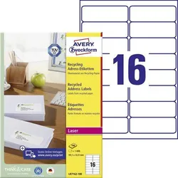Avery, Etiketten, Recycelte Adressetiketten LR7162-100 99.1 x 33.9 mm Weiss 1600 Labels