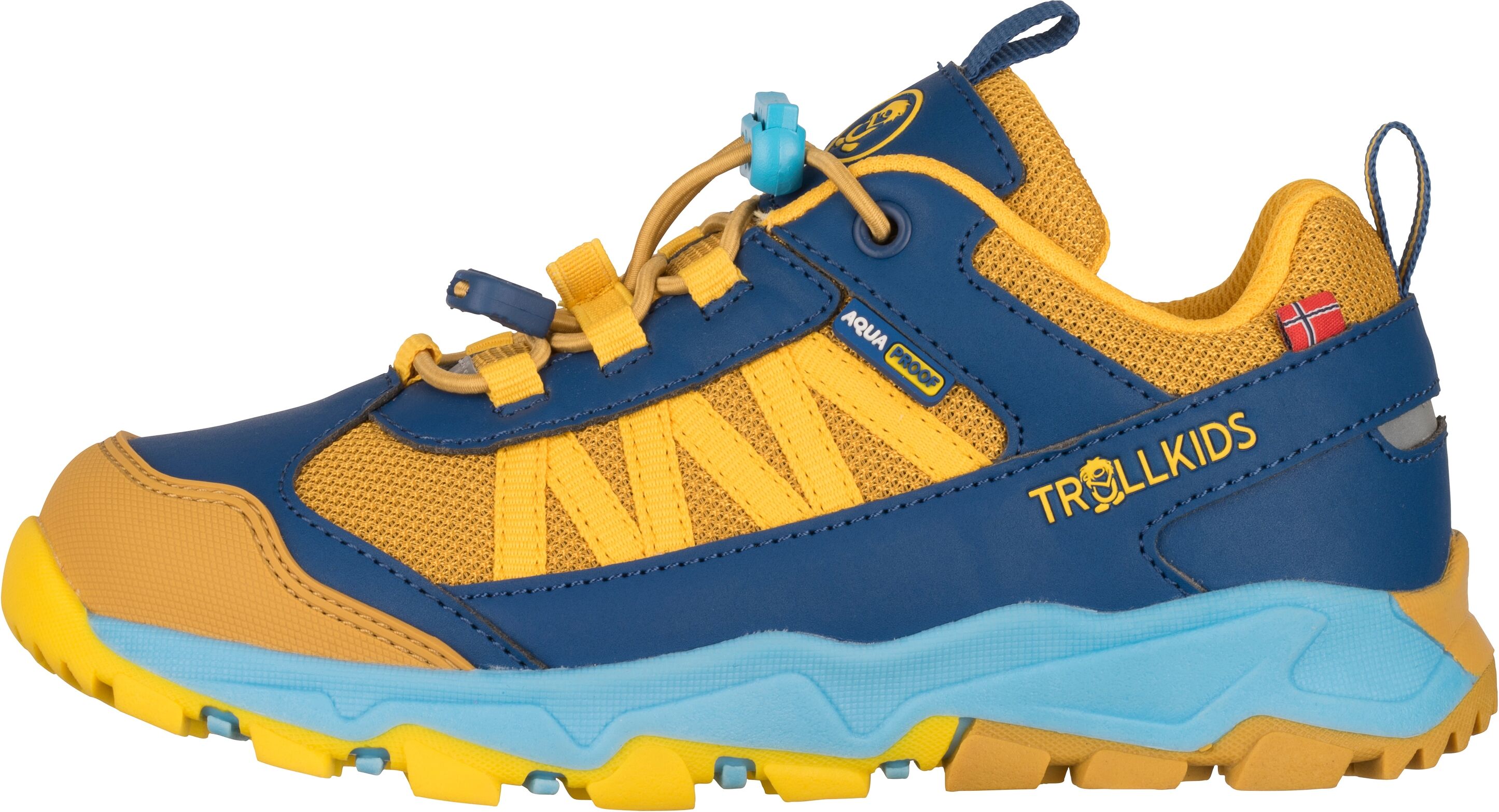 Outdoorschuh TROLLKIDS "Kids Tronfjell Hiker Low", Kinder, Gr. 28, Synthetik Textil, blau (mustard, dynamic blau, corn gelb), Schuhe Outdoorschuh, wasserdicht mustard, dynamic blau, corn gelb 28, Synthetik Textil