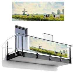 BALKON-SICHTSCHUTZ Kühe - Windmühle - Wiese - Blau Balkon Deko 300x110 cm