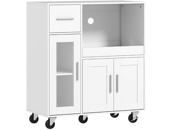 Meuble de rangement de cuisine blanc à roulettes avec tiroir portes étagère réglable tablette coulissante ORVRYN