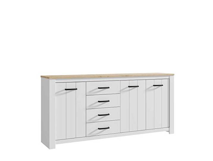 FORTE Elara Kommode mit 3 Türen und 4 Schubladen, Holzwerkstoff, Weiß Matt / Bianco Eiche, 206 x 95,7 x 42,2 cm