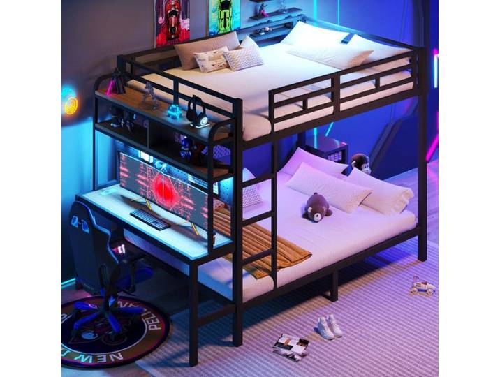 Luscriate - Lit superposé 140x200 cm Lit ado avec LED USB bureau rangements – noir
