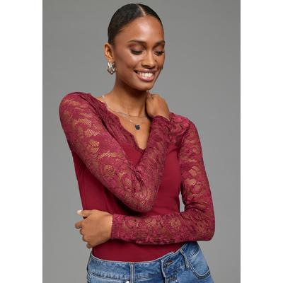 Spitzenshirt LAURA SCOTT "mit tiefem V-Ausschnitt, Langarm", Damen, Gr. 44, bordeaux, Spitze, Obermaterial: 95% Baumwolle, 5% Elasthan. Spitze: 95% Polyamid, 5% Elasthan, sehr figurbetont, V-Ausschnitt, ohne Bündchen, Shirts, sehr figurbetonte...