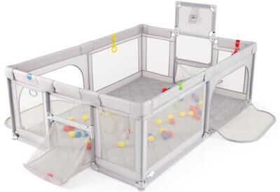 Costway Extra Large Playpen with Basketball Hoop for Babies and Toddlers-Light Gray