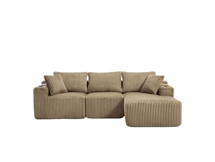 Canapé d'angle modulable EVRYAE 3 places avec chaise longue velours côtelé 5 coussins kaki