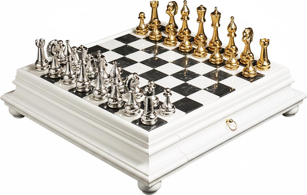 Italienisches Luxus-Schachset mit Arabescato-Marmor und praktischer Schublade, 47×47 cm