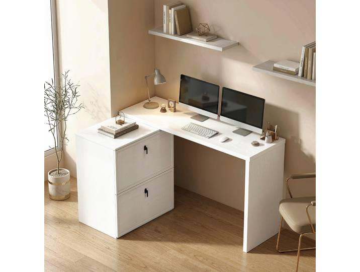 HOMCOM Bureau en L Réversible Moderne avec Tiroirs Blanc