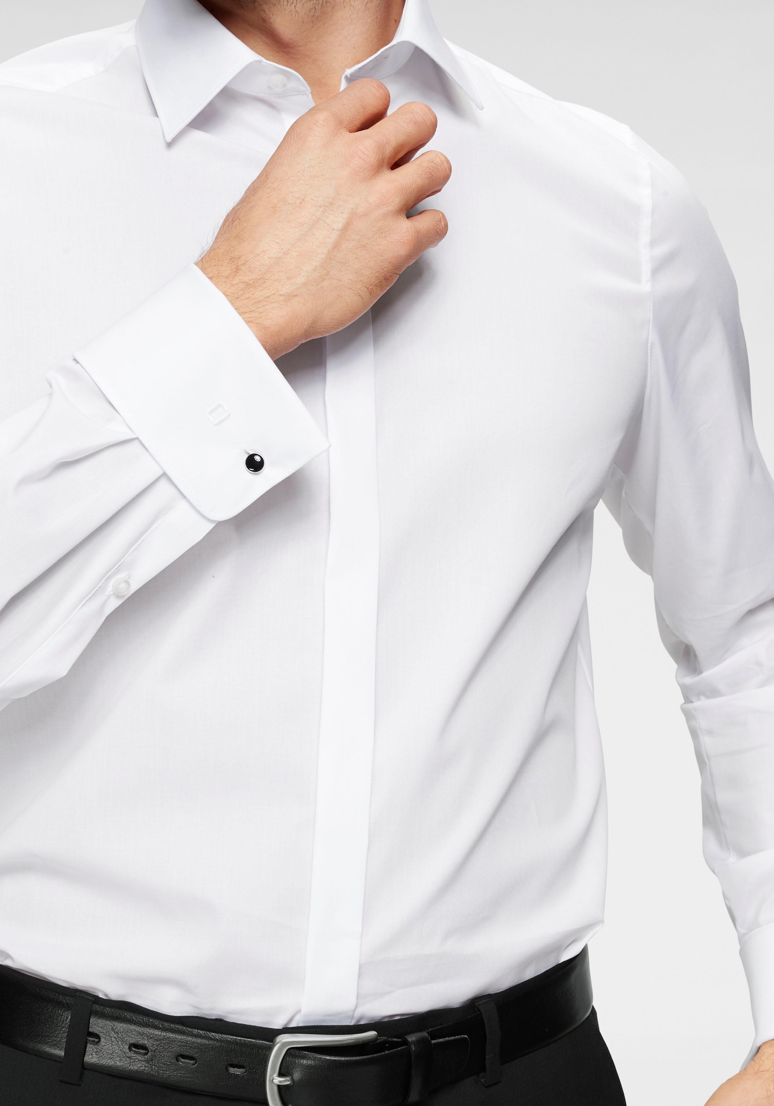 Smokinghemd OLYMP "Level Five body fit", Herren, Gr. 40, Normaler Arm, weiss (weiß), Web, Obermaterial: 97% Baumwolle, 3% Elasthan, unifarben, schmal, Umschlagmanschette, Hemden Smokinghemd, Umschlagmanschetten,verdeckte Knopfleiste weiß 40, Normaler Arm