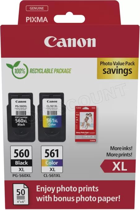 Pack 2 cartouches d'encre Canon PG-560XL/CL-561XL Photo Value Pack (Noir + Couleurs) + 50x Papiers photo