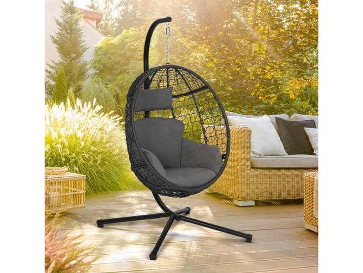 IDMARKET Fauteuil oeuf suspendu ajouré effet rotin gris avec coussin gris