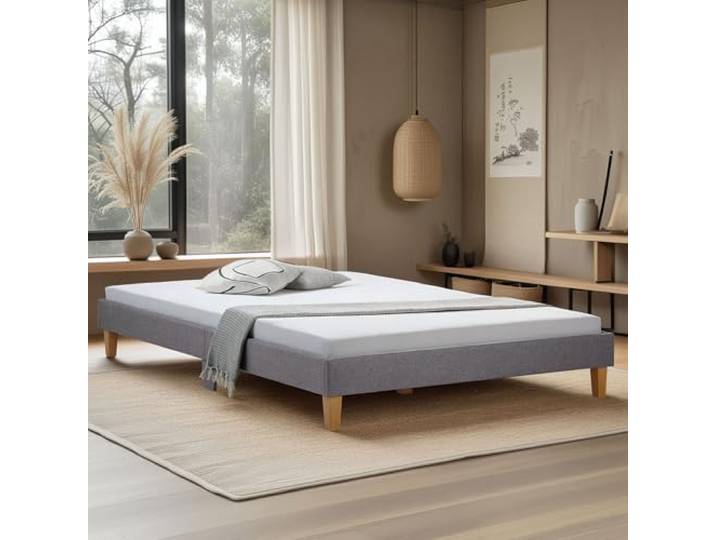 Homestyle4u Polsterbett 140x200 mit Matratze & Lattenrost, Grau Futonbett-Stil ohne Kopfteil, Webstoff-Bezug, Außenmaße 144x203 cm, Rahmenhöhe 29,5 cm