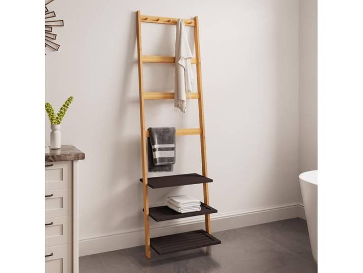 Meuble rangement salle de bain porte-serviettes échelle bambou sur pied 52x183 avec 3 étagères 4 barres 5 crochets TYNQER