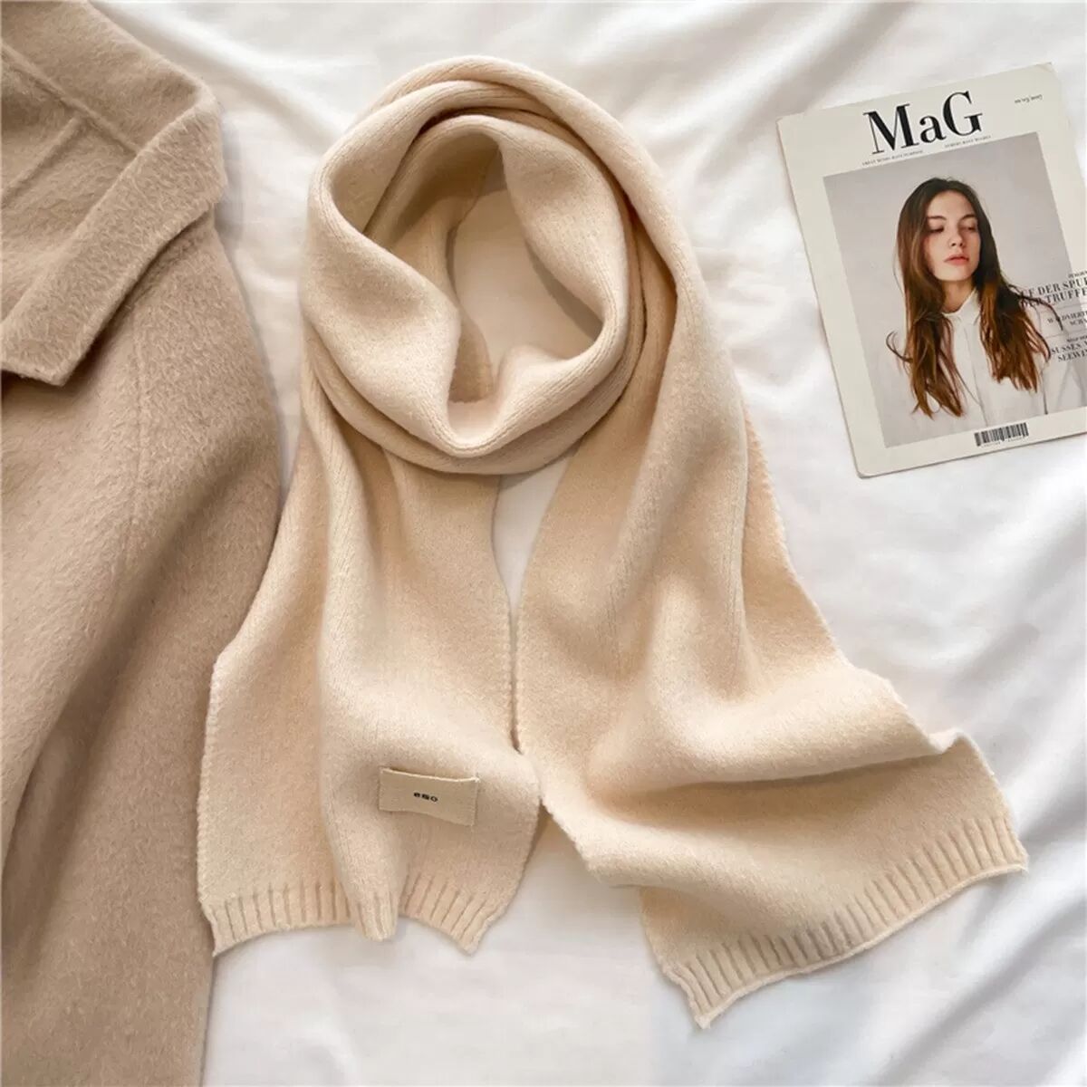 INF Écharpe chaude d'automne et d'hiver polyvalente de couleur unie - Écharpe étudiante tricotée Beige