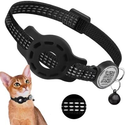 Inspired Finds Reflective AirTag Cat Collar With QR Code Tag & Breakaway Safety Buckle black