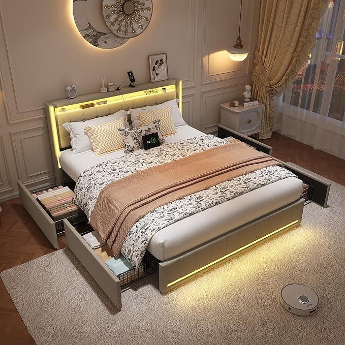 Polsterbett Doppelbett Bett mit Stauraum 140 x 200cm,4 Schubladen Betten und LED-Beleuchtung Kopfteil mit USB Ladefunktion Stauraumbett,Schubladenbett mit Aufbewahrung,Beige