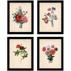 POSTER Set mit 4 Dunkelrot Botanischen Stil Papier A3 Rahmenlos