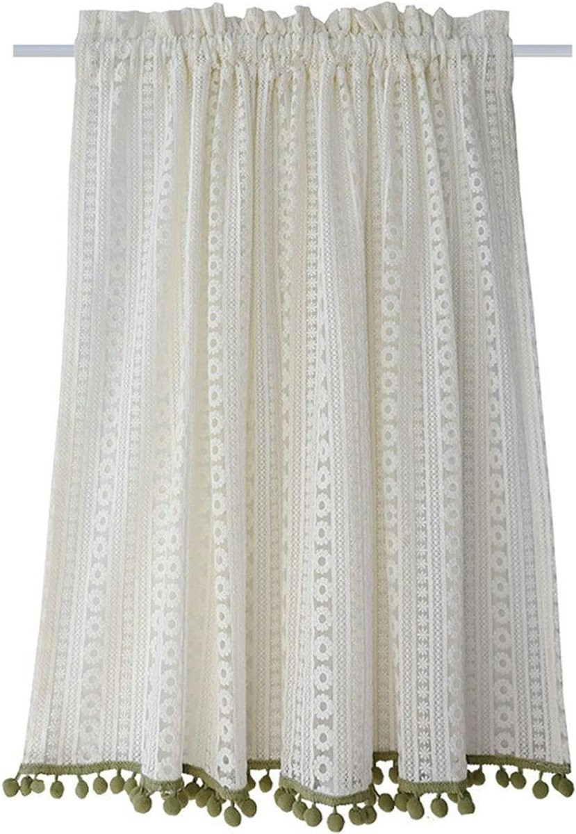 Vitrage Gordijn Voile met Pompons voor Keuken Decoratie - Beige Groen - B: 110 cm, H: 116 cm