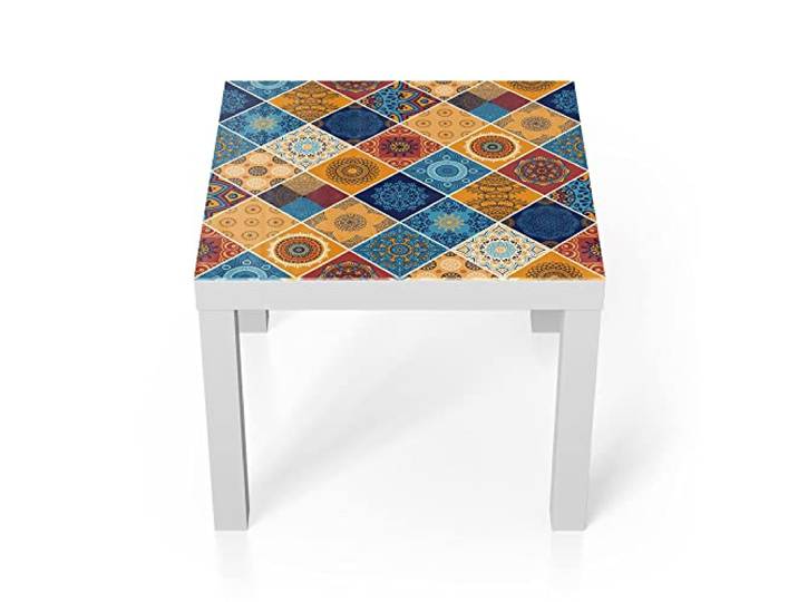 DEQORI Glastisch weiß klein 55x55 cm Motiv Viereckiges Fliesendekor ausgefallener Beistelltisch aus Glas Hochglanz Couchtisch fürs Wohnzimmer moderner Couch Tisch mit Design
