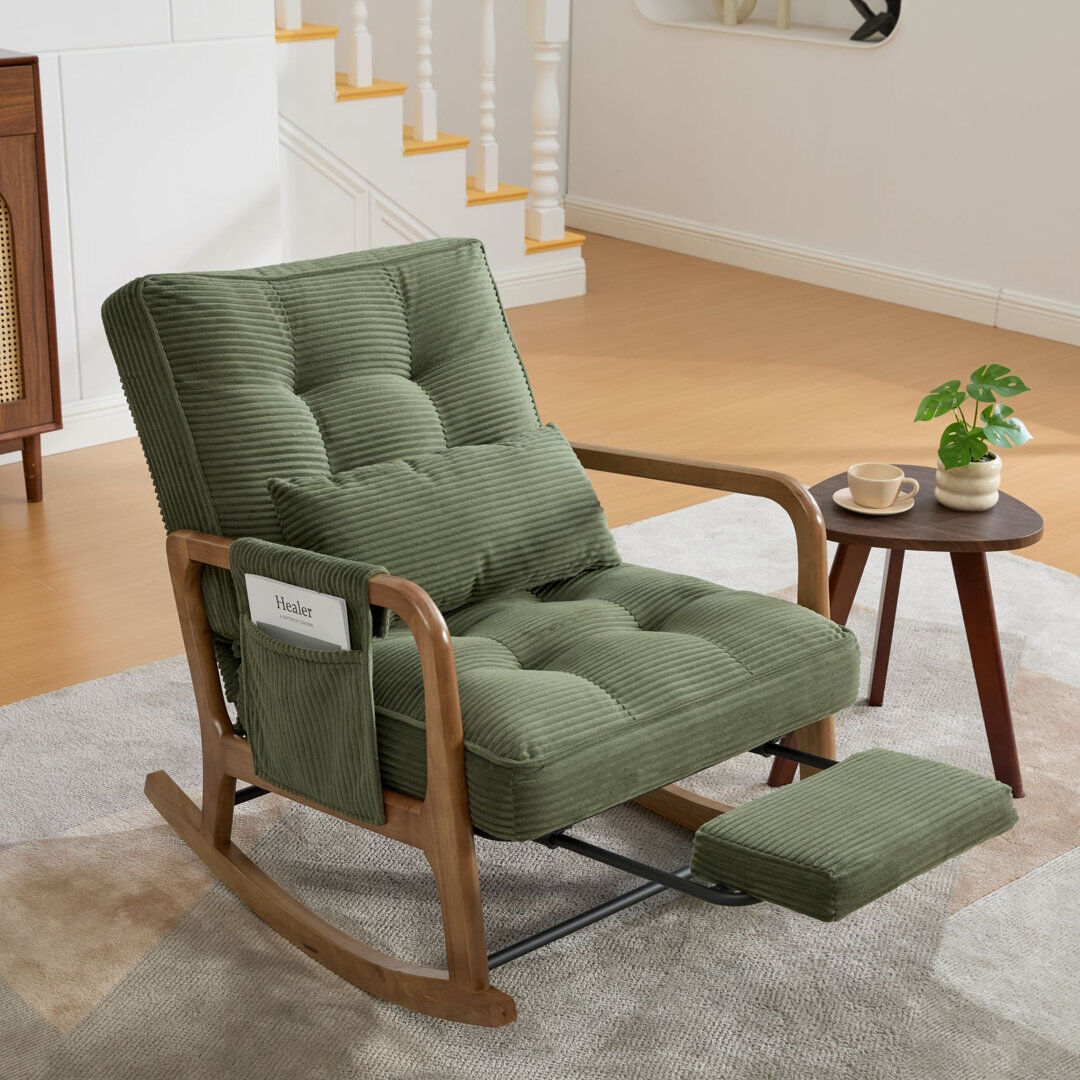 Fjørde & Co Corduroy Rocking Chair with Footrest & Side Pocket, Nursery Glider Accent Chair for Living Room Green 92cm H X 70cm W X 80cm D