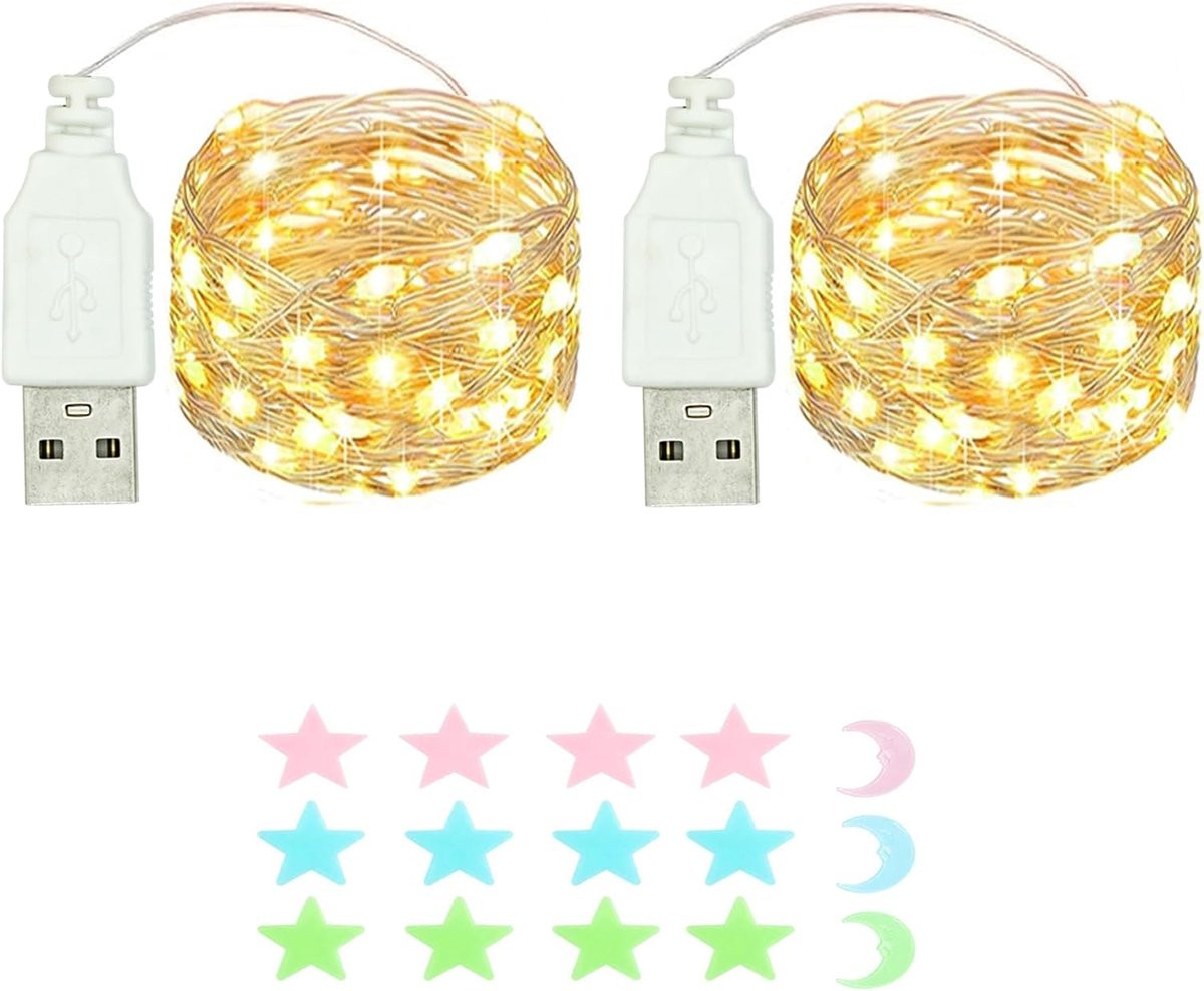Set van 2 LED-lichtslingers, 5 meter, USB-voeding, waterdicht, warm wit