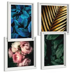 BILDER SET 4er Set - 50x50 cm & 40x60 cm Weißer Rahmen - Blätter und Blüten in verschiedenen Farben