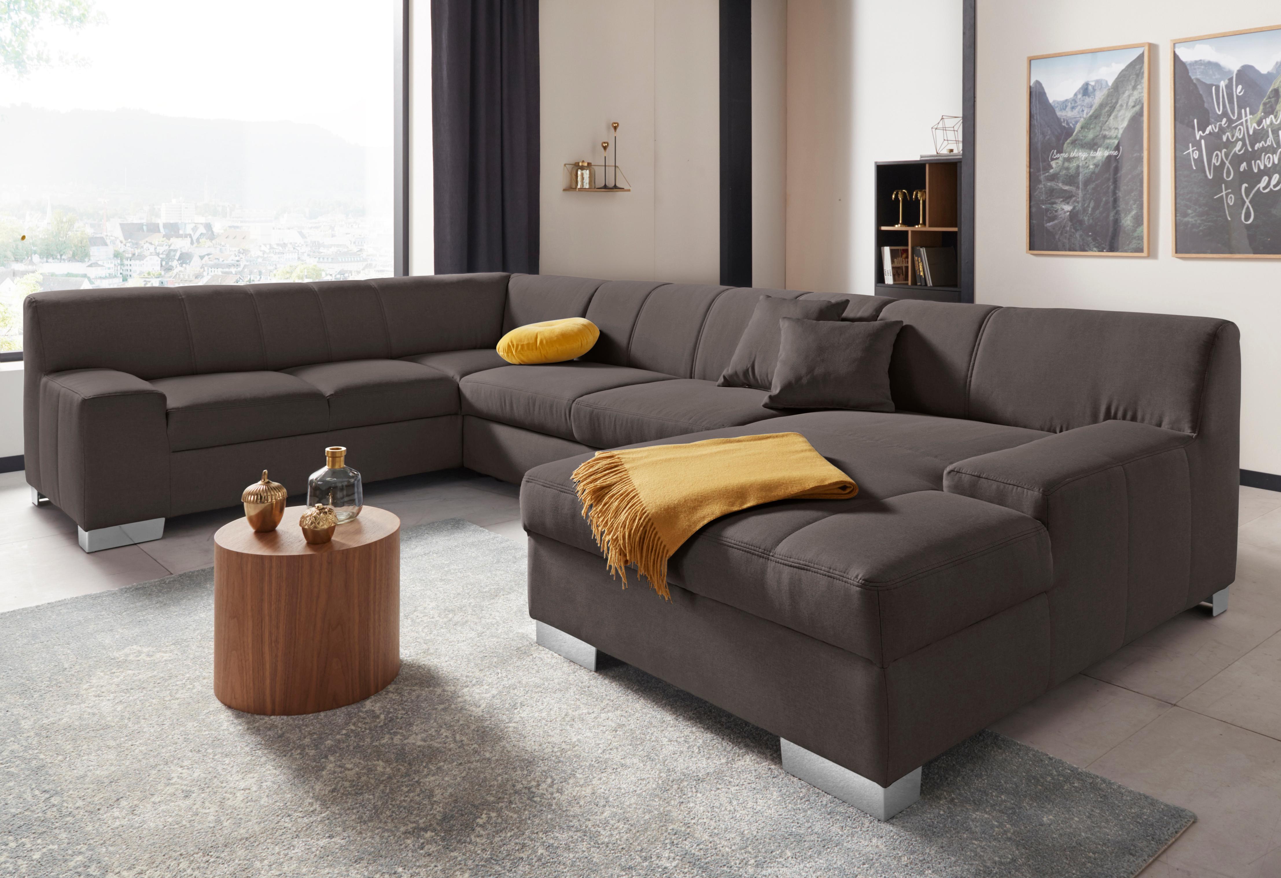 Wohnlandschaft DOMO COLLECTION "Bero, elegant und zeitlos, flache Armlehnen, Breite 328cm, U-Form", grau (stone), B:328cm H:74cm T:212cm, Feinstruktur (100% Polyester);Luxus-Microfaser (100% Polyester);Zierkissen: Im jeweiligen Bezugsstoff;Struktur fein (