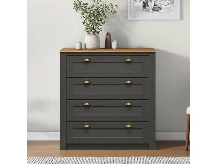 IDIMEX Kommode Bolton aus Massivholz in anthrazit/braun, Sideboard mit 4 Schubladen und Muschelgriffen aus Metall, Sideboard aus Kiefer, Holz lackiert