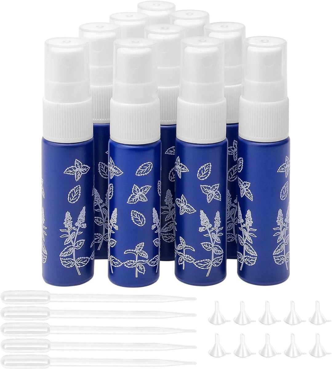 Set van 10 blauwe glazen parfum spuitflessen van 10 ml met trechters voor reizen en navullen