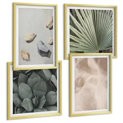 BILDER SET 4er Set - 50x50 cm & 40x60 cm Goldrahmen - Steine, Holz, Stofftexturen