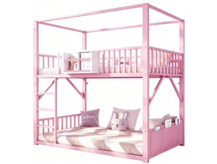 Modfu Etagenbett aus Metall und MDF 90x200 cm Rosa mit Dachkonstruktion, Regal und Seitentasche, Pink, 90x200 cm, Babymöbel & Kindermöbel, Kinderzimmer & Jugendzimmer, Stockbetten