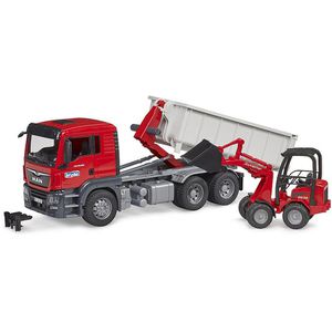 bruder 03767 MAN TGS LKW mit Abrollcontainer + Schäffer Hoflader 2630, Maßstab 1:16